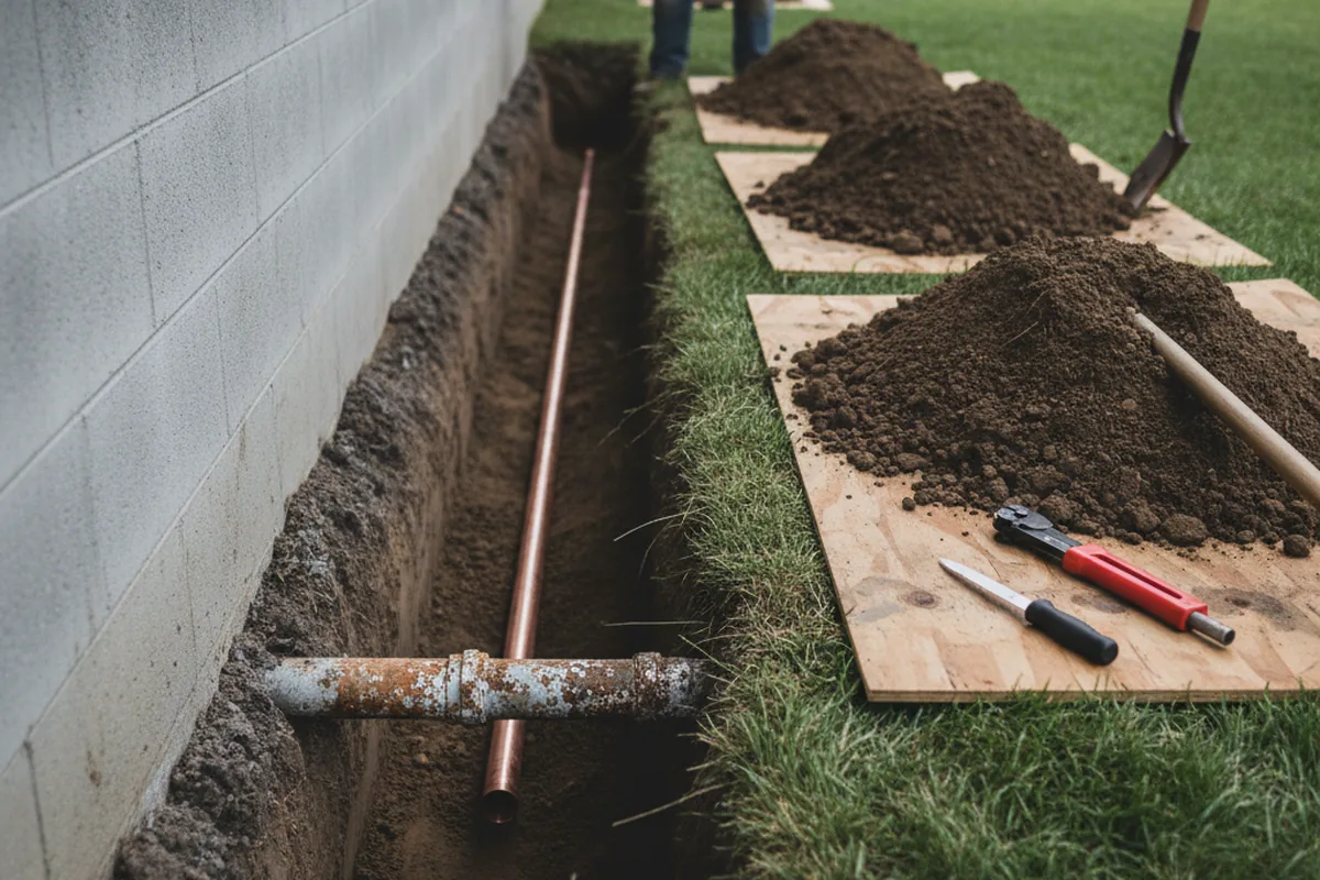 Excavated water line trench during Water Heater Repair in Mount Eden